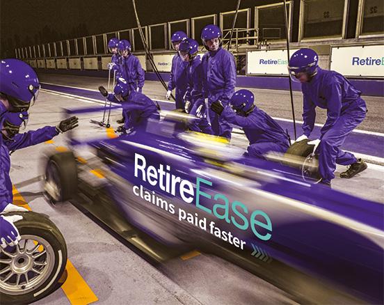 An image of a racing care in a pit stop, with "RetireEase - claims paid faster" on the side